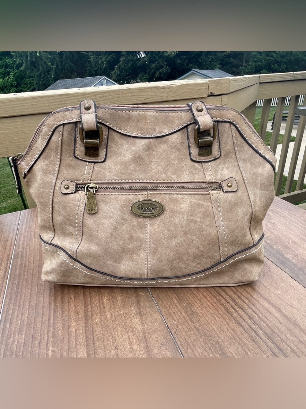 b.o.c. Taupe Faux-Leather Satchel with Antique Brass Accents